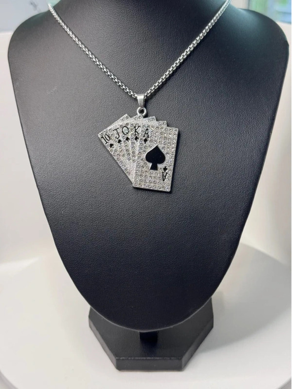 24” bling poker card necklace silver tone